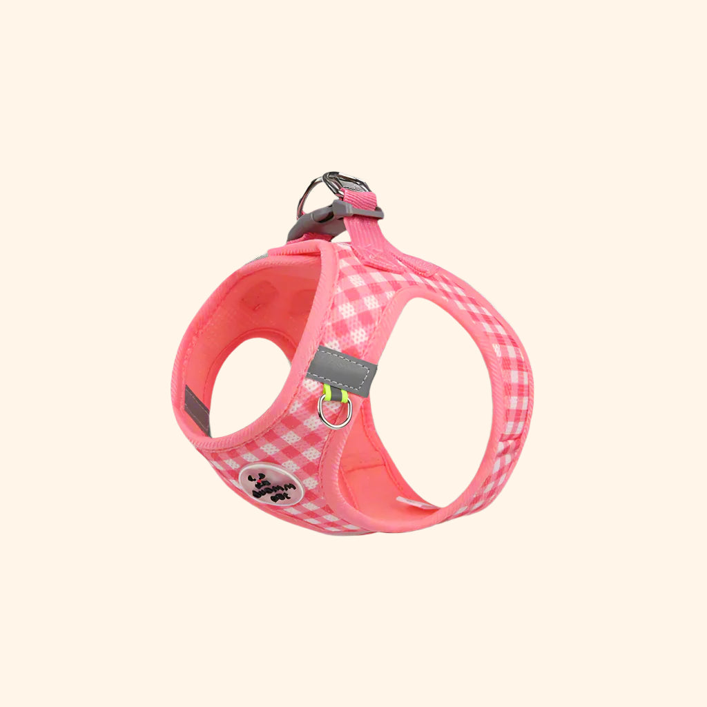 Harnais confort vichy + laisse – Fraise Givrée